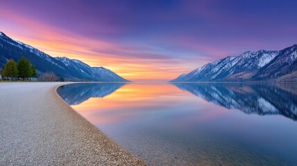 Calm Alpine Lake Reflecting Majestic Mountains and Vibrant Sunset Sky with Snow Capped Peaks and Pebbled Shoreline