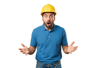 Shocked construction worker wearing a yellow hard hat and blue polo shirt with hands raised in surprise isolated on transparent background