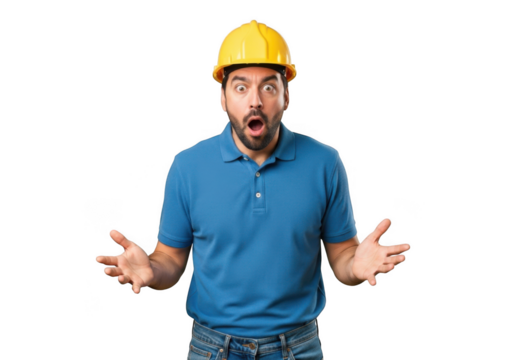 Shocked construction worker wearing a yellow hard hat and blue polo shirt with hands raised in surprise isolated on transparent background