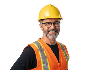 Smiling middle aged man wearing yellow hard hat and orange safety vest with glasses isolated on transparent background