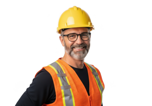 Smiling middle aged man wearing yellow hard hat and orange safety vest with glasses isolated on transparent background