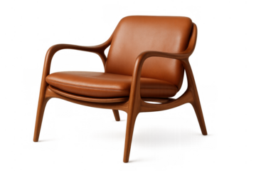 Luxurious leather and wooden armchair providing comfort and elegant mid-century modern style on transparent background
