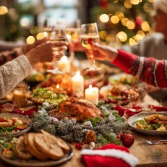Fototapeta premium A Cozy Holiday Gathering Featuring a Festive Feast with Friends and Family Around a Decorated Table Filled with Delicious Dishes