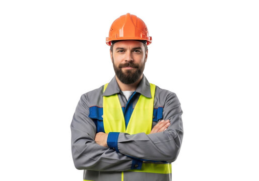 A bearded construction worker wearing an orange hard hat and a yellow safety vest with arms crossed isolated on transparent background