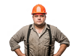 A serious construction worker wearing an orange hard hat and suspenders stands with hands on hips isolated on transparent background