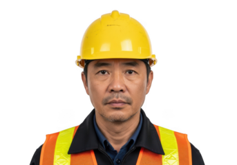 Asian male construction worker wearing a yellow hard hat and orange safety vest isolated on transparent background