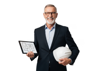 Smiling mature businessman wearing a suit and glasses holding a tablet with blueprints and a white hard hat isolated on transparent background