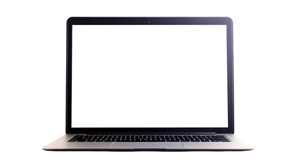 A laptop computer with a blank white screen displayed against a black background in a studio shot