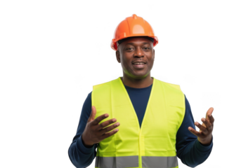 A smiling african american construction worker wearing a bright orange hard hat and a high visibility yellow safety vest isolated on transparent background