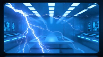 Dynamic electrical energy surges through a futuristic bluelit server room symbolizing advanced data transfer and highspeed network connectivity in a modern technological environment. - Powered by Adobe