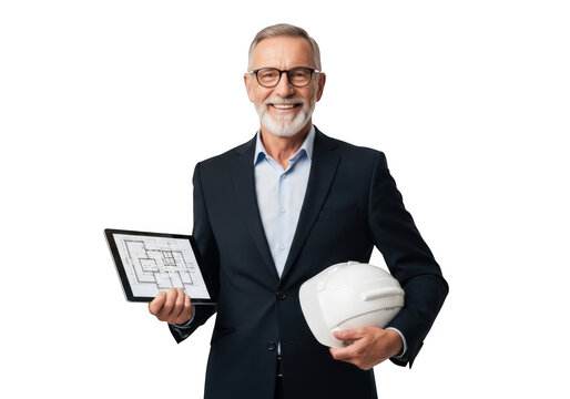Smiling mature businessman wearing a suit and glasses holding a tablet with blueprints and a white hard hat isolated on transparent background - Powered by Adobe