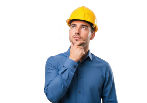 A thoughtful construction worker wearing a yellow hard hat and blue shirt with his hand on his chin contemplating a complex problem isolated on transparent background