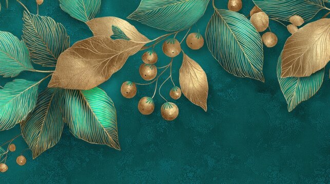 A gold and green floral arrangement with leaves and berries on a dark teal background, featuring a mix of gold and green leaves with a gold berry cluster, 