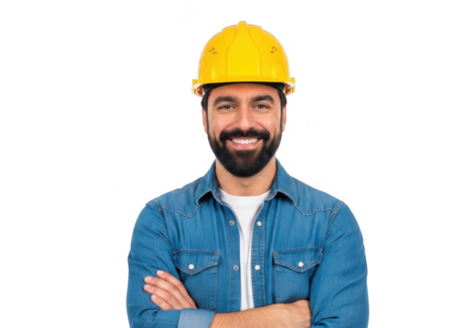 Smiling construction worker with beard wearing a yellow hard hat and blue denim shirt arms crossed isolated on transparent background - Powered by Adobe