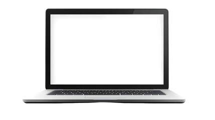 A silver laptop with a blank white screen is displayed on a black background in a studio shot