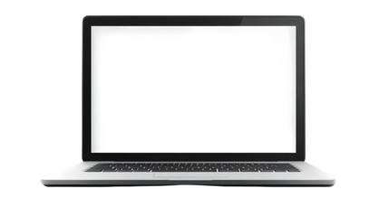 A silver laptop with a blank white screen is displayed on a black background in a studio shot