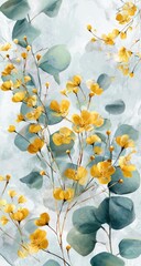 Soft, muted yellow flowers and eucalyptus leaves against a light background