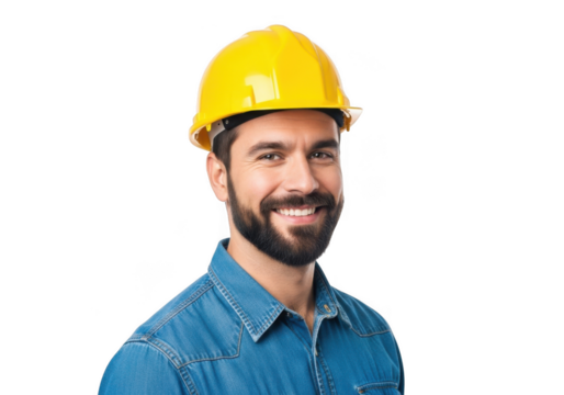 Smiling construction worker wearing a yellow safety helmet and blue denim shirt with a beard isolated on transparent background