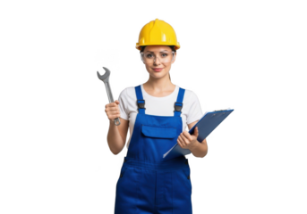 A focused female construction worker wearing a yellow hard hat and blue overalls holding a wrench and clipboard isolated on transparent background