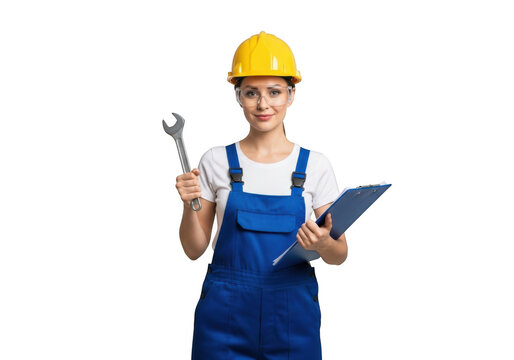 A focused female construction worker wearing a yellow hard hat and blue overalls holding a wrench and clipboard isolated on transparent background