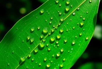 Emerald green leaf, glistening dew drops, sunlit freshness, dew,  chlorophyll
