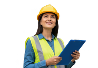 A smiling female construction worker wearing a yellow hard hat and safety vest holding a clipboard isolated on transparent background