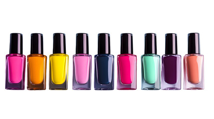 A row of colorful nail polish bottles with black caps against a black background creating a vibrant display