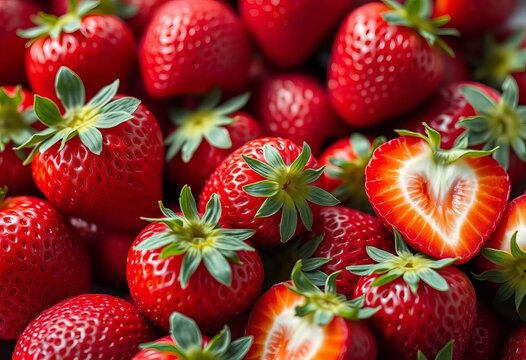 Fresh strawberries, sliced and halved, vibrant red, juicy, ripe, royalty free, red fruit - Powered by Adobe