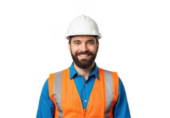 Smiling construction worker wearing a white hard hat and bright orange safety vest isolated on transparent background