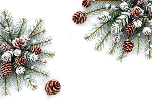 Frosted fir branches and pine cones on a snowy white background, ample copy space,  christmas background,  copy space - Powered by Adobe