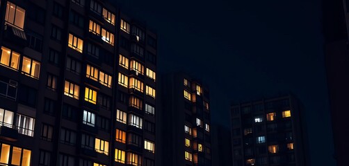Fototapeta premium Dark city apartment building facade at night, glowing windows, high rise, texture
