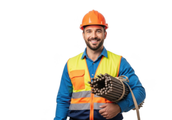 Smiling construction worker wearing an orange hard hat and yellow safety vest holding steel rebar bundle isolated on transparent background