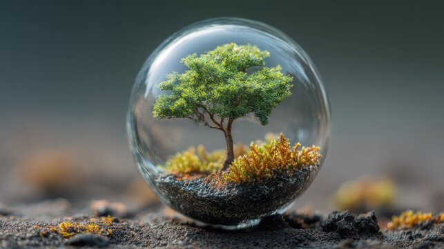 A small green tree inside a transparent glass sphere, surrounded by moss and rocks, set against a blurred background.