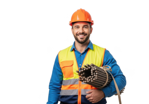 Smiling construction worker wearing an orange hard hat and yellow safety vest holding steel rebar bundle isolated on transparent background