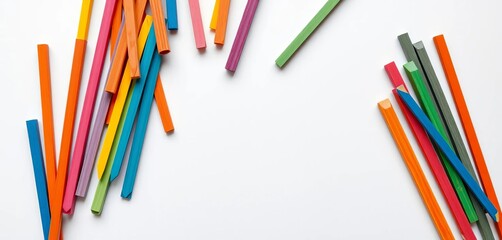 Fototapeta premium Colorful recycled paper craft sticks arranged artistically on a clean white background, eco, colorful
