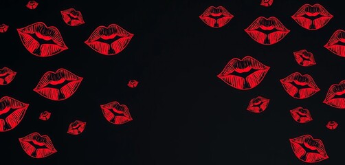 Intricate red lip prints on a smooth, black backdrop, red, lipstick
