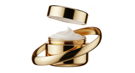 Luxury gold beauty cream jar with lid open isolated on transparent background