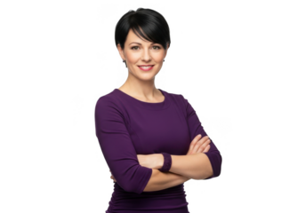Woman with short dark hair and purple shirt isolated on transparent background