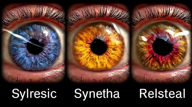 Chromatic iris array showcasing sylresic, synetha, and relsteal eye color variants