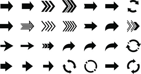 Black arrow icon set, vector arrows collection, UI navigation symbols, direction indicators, curved arrows, chevrons, refresh, rotate, design elements
