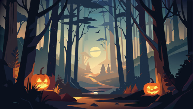 Halloween pumpkins in a dark forest at twilight hour - Powered by Adobe