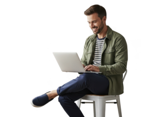 Man working on laptop isolated on transparent background