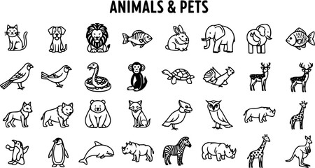 Cute Black Line Animals  Pets Icon Set. Vector Collection of Domestic and Wild Creature Illustrations for Nature and Wildlife Designs.