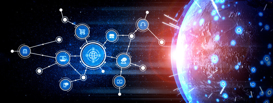 A striking visual of a digital global network with various technology icons interconnected, highlighting themes of online commerce, innovation, and communication. Tessel - Powered by Adobe