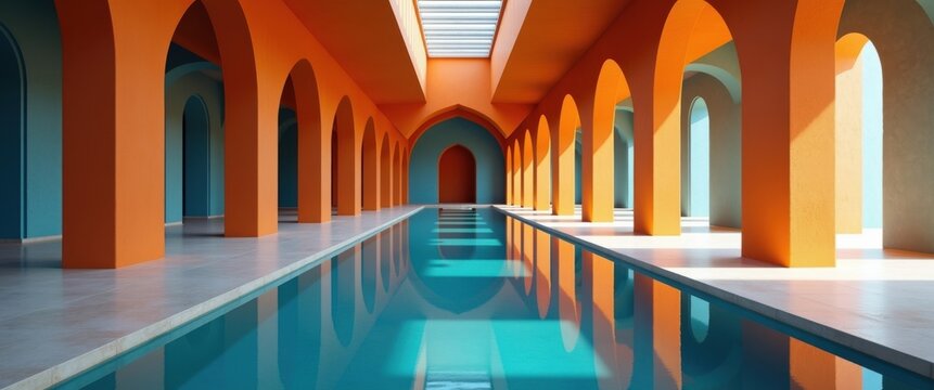 Architectural Pool with Arches and Light Well in Long Hallway
