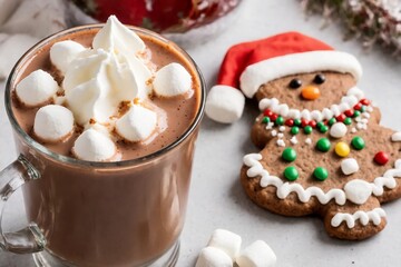 A cup of hot cocoa with whipped cream and marshmallows, next to a festive Christmas cookie.