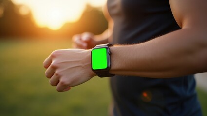 Close Up of Person Wearing Smartwatch with Green Screen Outdoors During Sunset