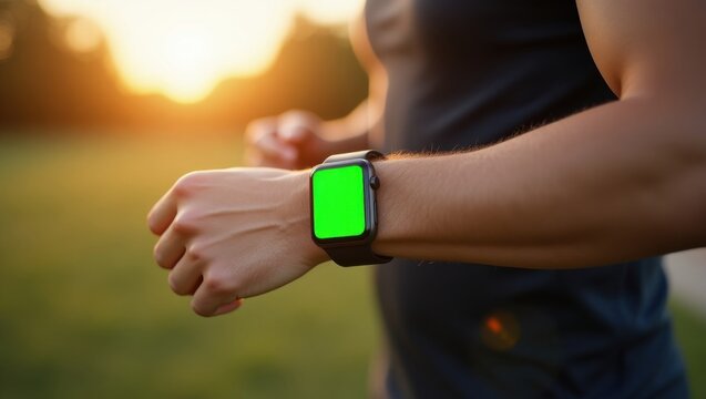 Close Up of Person Wearing Smartwatch with Green Screen Outdoors During Sunset