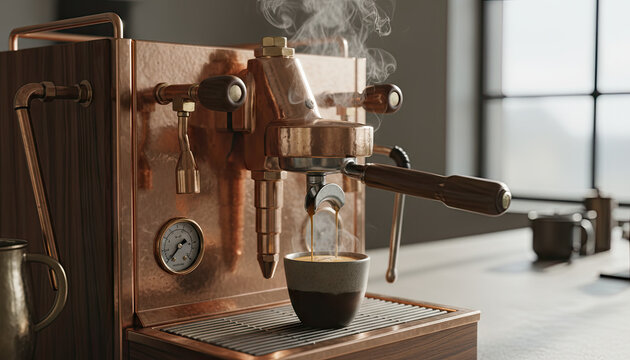 Detailed Close Up Of A Vintage Copper Espresso Machine Brewing A Fresh Cup Of Coffee On A Wooden Countertop With Soft Natural Lighting