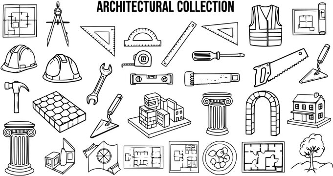 Architectural Collection: Construction Tools, Blueprint, and Building Elements Vector Line Art